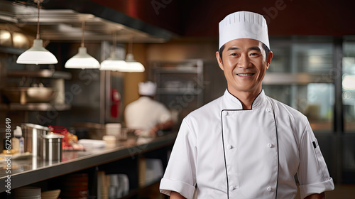 Asia male chef wearing chef's uniform on kitchen background photo