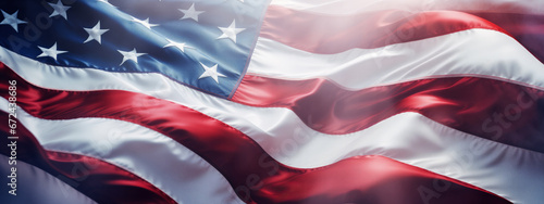 USA's iconic flag blowing in wind, horizontal banner, image embodies American spirit and concept of independence and democracy