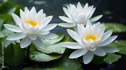  a group of white water lilies floating on top of a green leafy pond filled with water lilies. generative ai
