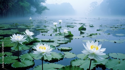  a group of white water lilies floating on top of a lake next to green leaf covered water lilies. generative ai