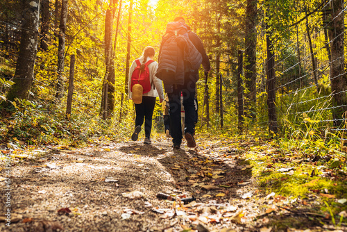 group tourists walking along forest path with backpacks