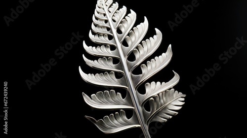  a close up of a silver leaf on a black background with a reflection of the leaf on the left side of the image. generative ai