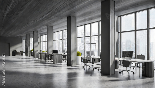 Panoramic gray open space office with columns © Nolan