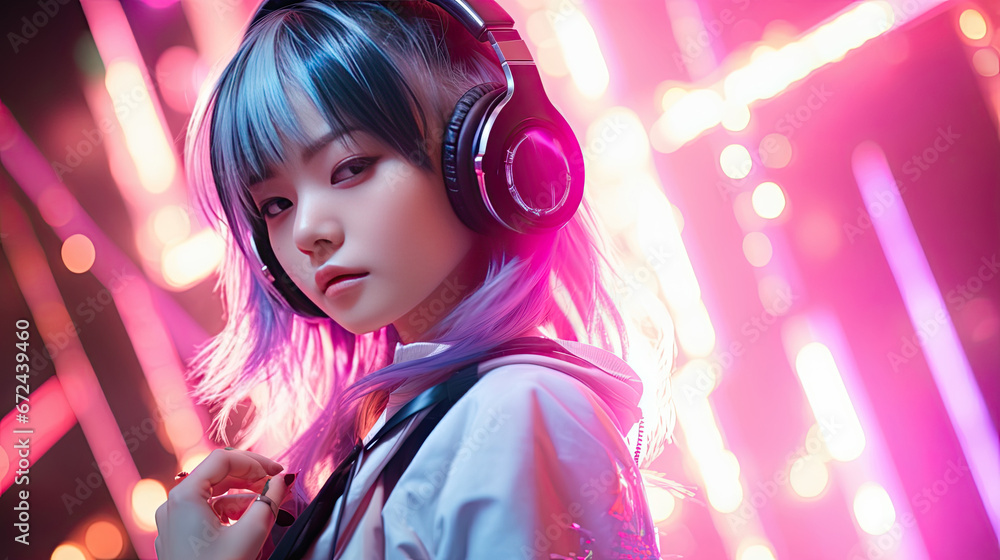 Young girl performing with headphone and pink lights Young girl performing with headphone and pink lights