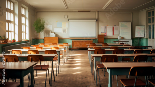 View of stylish school classroom lit by sun, blackboards hanging on light walls, with chairs and tables on school premises, without students