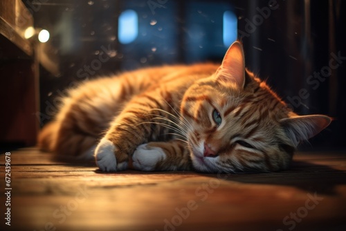 Cat lying on the floor in a dark room © Evarelle