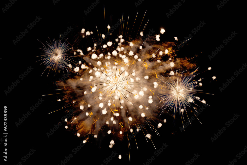 An explosion of fireworks with a black background with free space for text, birds-eye-view