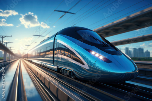 A high-speed train entering a futuristic train station, symbolizing the Concept of rail transportation infrastructure. Generative Ai. photo