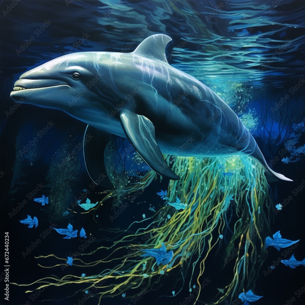 Fototapeta premium Bioluminescent dolphin barrier reef algae beach illustration picture AI generated art