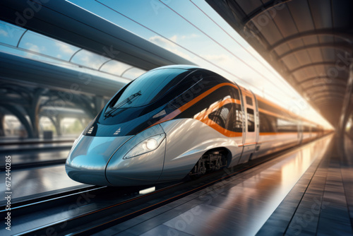 A sleek, electric commuter train speeding through a modern railway station, symbolizing the Concept of sustainable urban transit. Generative Ai. © Sebastian