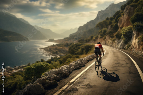 A cyclist pedaling along a scenic coastal road with a panoramic sea view, embodying the Concept of recreational cycling. Generative Ai. photo