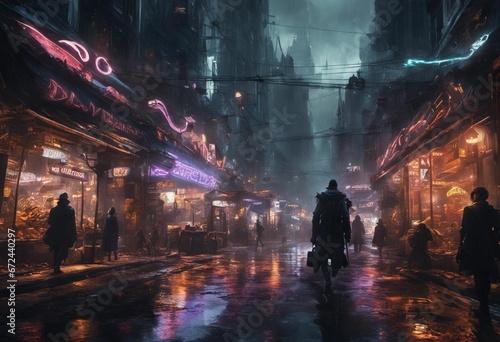Group of people walking in a city at night, illuminated by colorful neon lights, AI-generated.