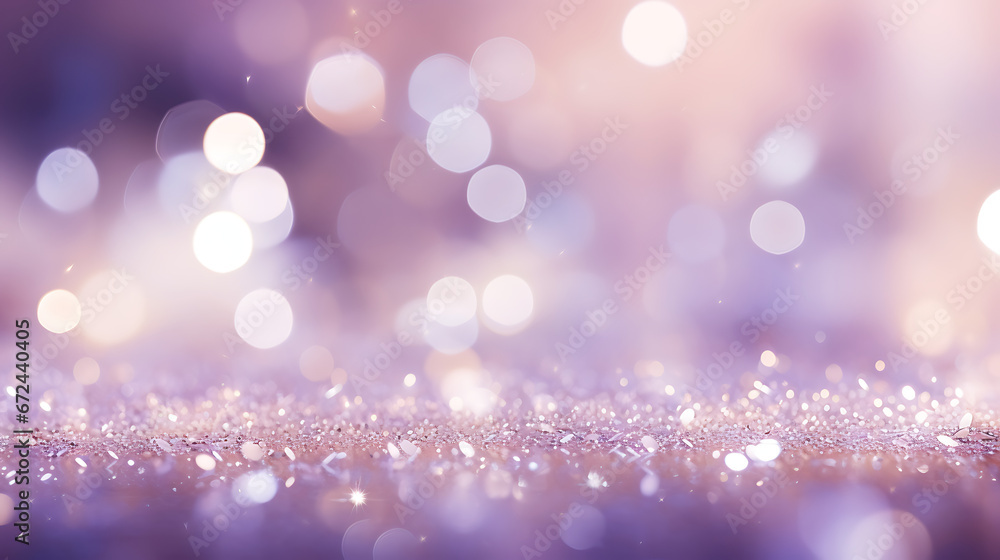 An abstract scene with soft lilac and platinum particles. Dreamy twilight shine particles bokeh on a lavender background. Platinum foil texture created with AI technology