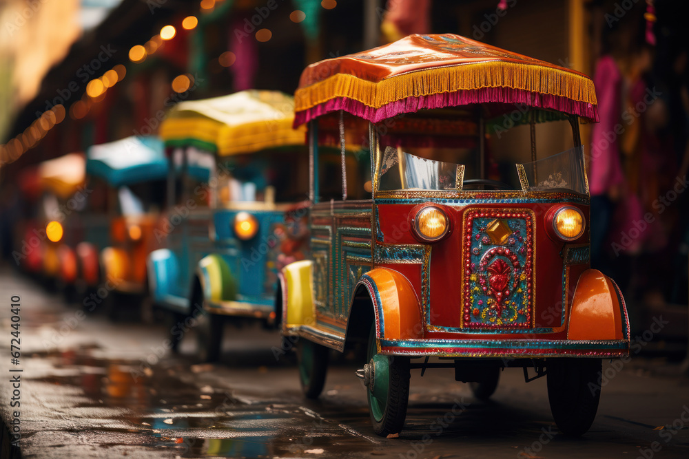 A row of colorful rickshaws waiting for passengers in a lively market, emphasizing the Concept of local transportation services. Generative Ai.