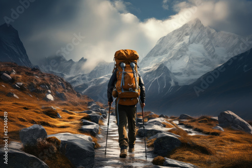 A hiker carrying a backpack and trekking poles on a mountain trail, representing the Concept of outdoor adventure and trekking. Generative Ai. photo