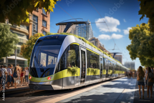 A crowded tram in a European city, illustrating the Concept of efficient and sustainable urban tram systems. Generative Ai.