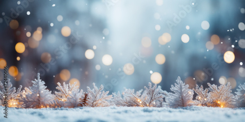 Christmas winter blurred background. Xmas tree with snow decorated with garland lights, holiday festive background. Widescreen backdrop. New year Winter art design, wide screen holiday border. © AMK 