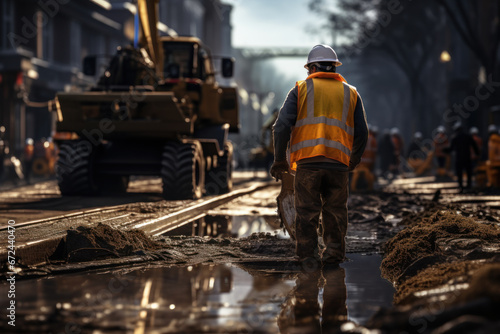A construction worker operating heavy machinery at a road construction site, portraying the Concept of infrastructure development. Generative Ai.
