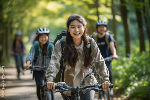 A group of students riding bicycles to school, highlighting the Concept of eco-friendly commuting for students. Generative Ai.