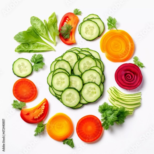 Top view of slices of fresh healthy vegetables isolated on white background, AI generator