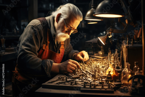 A jeweler crafting a unique piece of jewelry at a workbench, portraying the Concept of artisanal jewelry trade and craftsmanship. Generative Ai. © Sebastian