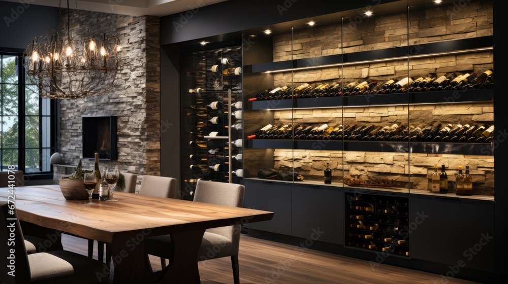 Elegant custom wine cellar with racks. Wine storage idea - obrazy, fototapety, plakaty 