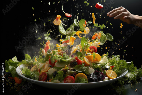 A chef tossing a colorful salad with various greens, fruits, and nuts. Concept of culinary art and presentation. Generative Ai.
