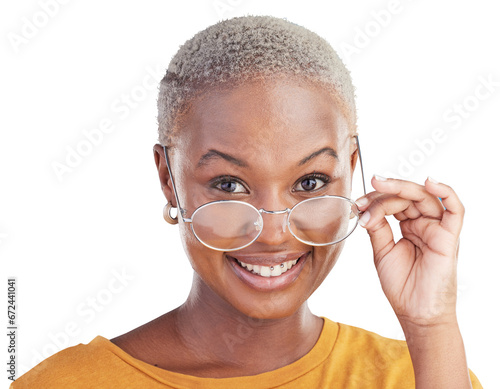 Happy, portrait and black woman with glasses isolated on transparent png background for stylish, trendy and fashion. Cool, smile and face of girl for optometry with eyewear focus, vision and eye care