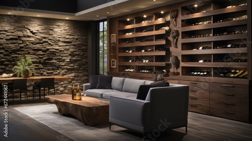 Elegant custom wine cellar with racks. Wine storage idea photo