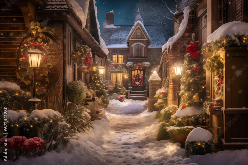 Christmas decorations and lanterns lining snow covered path, winter seasonal decor Christmas decorations and lanterns lining snow covered path, winter seasonal decor