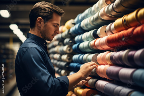 A worker in a textile factory inspecting rolls of fabric, representing the textile and garment industry's value chains. Generative Ai. photo