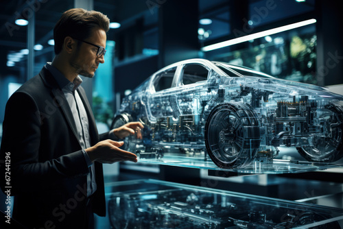 A group of engineers discussing the design and manufacturing of a new automobile, emphasizing the global automotive industry's value chain. Generative Ai.