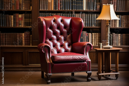 Classic wingback chair in a traditional library with deep, rich reds and mahogany