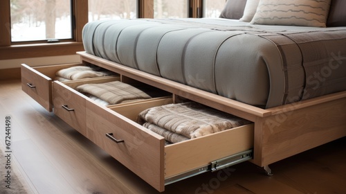 Drawers and cabinets hidden under the bed. Storage solution for small space