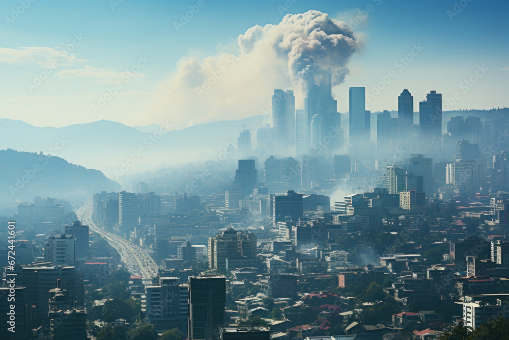 Smog-covered cityscape with buildings barely visible in the haze ...