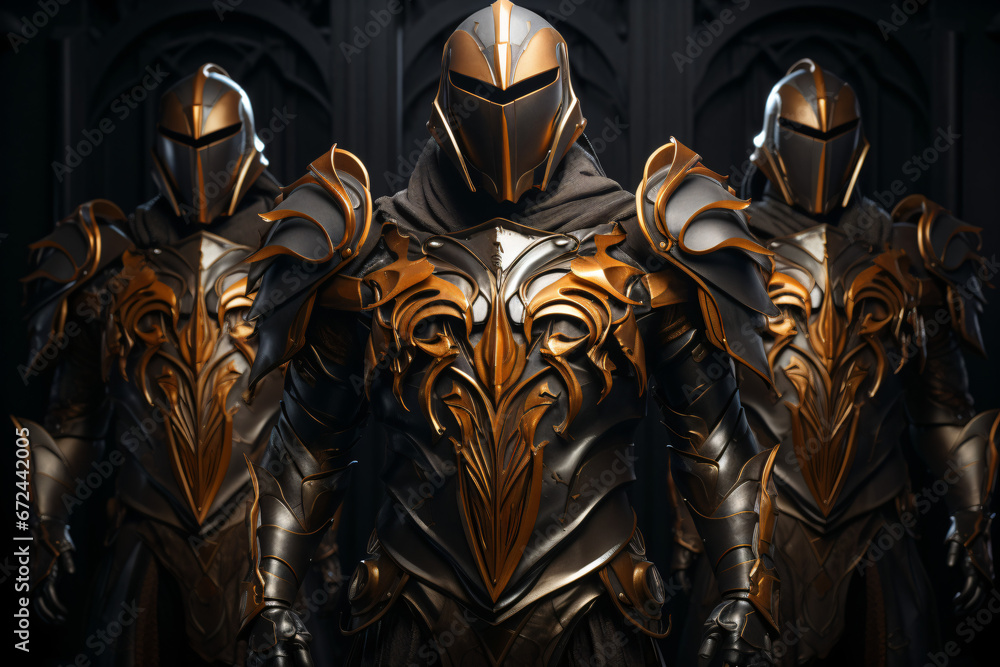 A group of futuristic knights standing next to each other wearing gold and silver armors A group of futuristic knights standing next to each other wearing gold and silver armors
