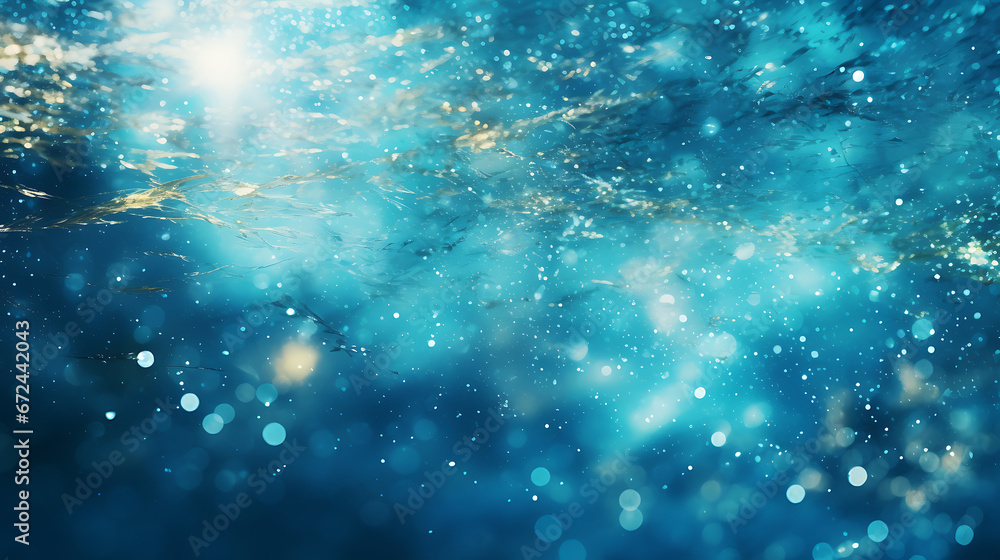 An abstract environment with tranquil aqua blue and silver particles. Iridescent underwater light shine particles bokeh on a deep ocean blue background. Silver foil texture created with AI technology