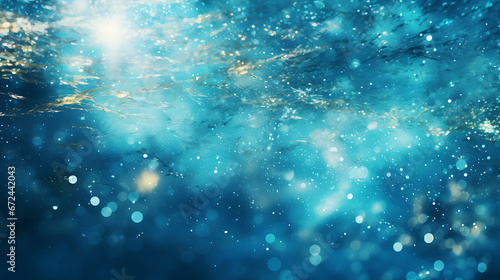 An abstract environment with tranquil aqua blue and silver particles. Iridescent underwater light shine particles bokeh on a deep ocean blue background. Silver foil texture created with AI technology © ZZMC