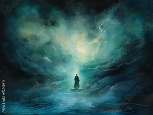 Concept art of a mage in the middle of the ocean