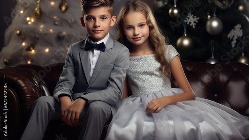 a cheerful and stylish young couple, a girl and a boy, dressed in fashionable clothes, sitting together in a studio, the festive spirit of Christmas and New Year with their happy, smiling faces. © lililia