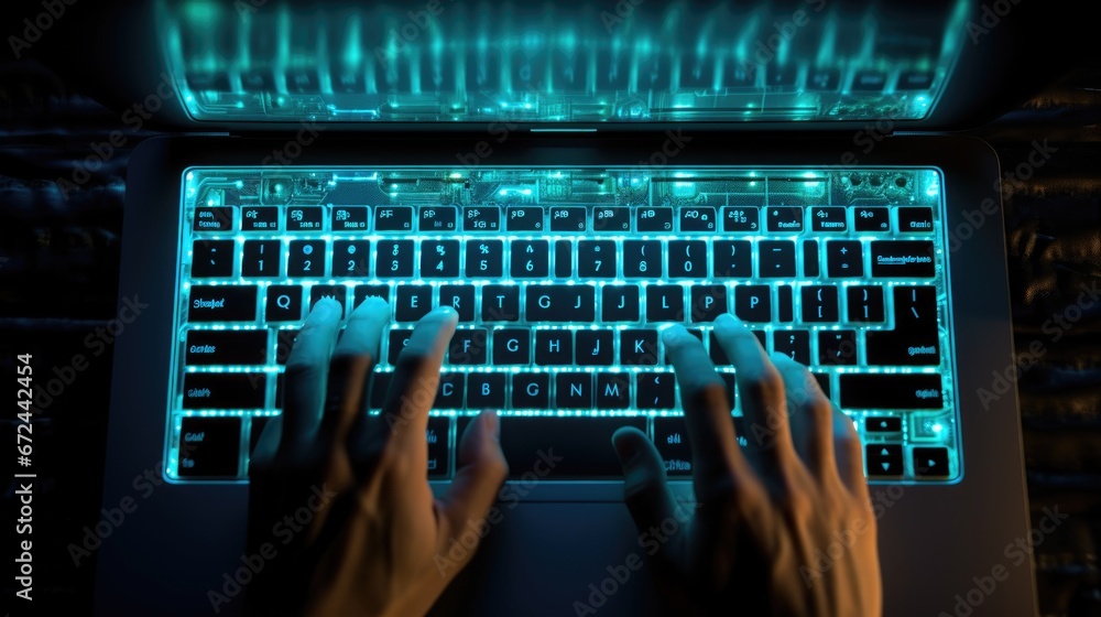 Close up of man hands typing on laptop keyboard, top view angle Close up of man hands typing on laptop keyboard, top view angle