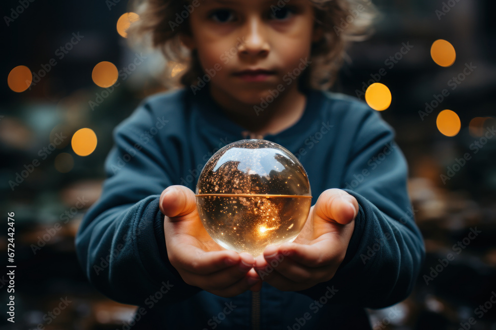 Naklejka premium A close-up of a child's hands holding a globe, symbolizing global awareness and interconnectedness. Generative Ai.