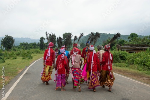 Group of tribal people performing a traditional folk dance in Ajodhya Hills in Purulia, West Bengal photo