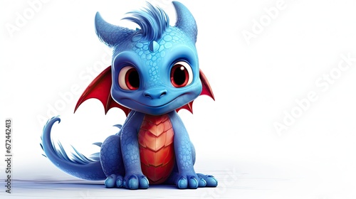 Blue mischievous baby dragon with wings isolated on white background. Dragon illustration with copy space