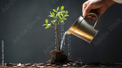Man hand watering money tree with coins on ground, financial and money increase concept on isolated background