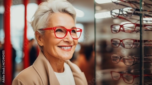 Elderly woman trying eyeglasses in optics store