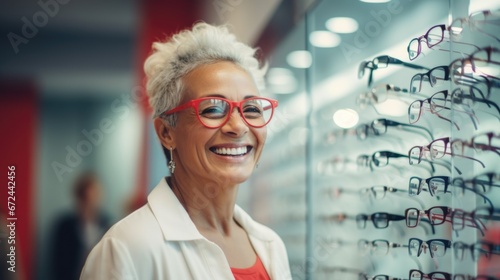 Elderly woman trying eyeglasses in optics store