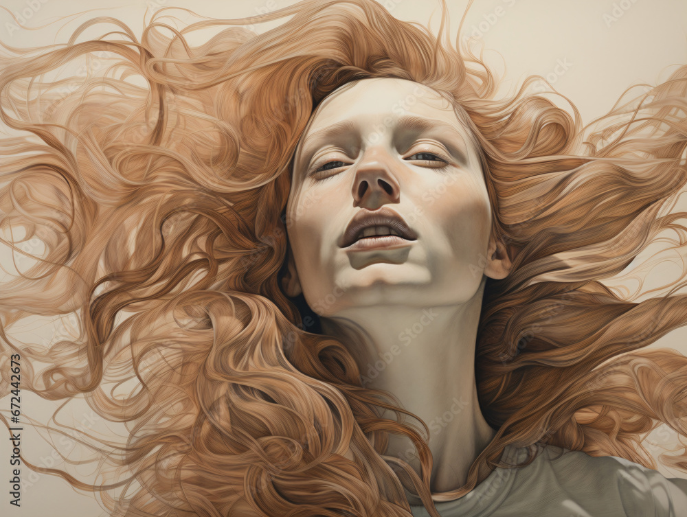 A painting of a woman with her red hair blowing in the wind A painting of a woman with her red hair blowing in the wind