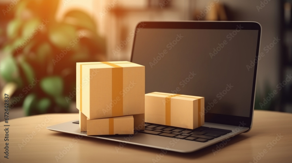 Carton boxes on a laptop on a blurred logistics office background, online delivery and shopping concept Carton boxes on a laptop on a blurred logistics office background, online delivery and shopping concept