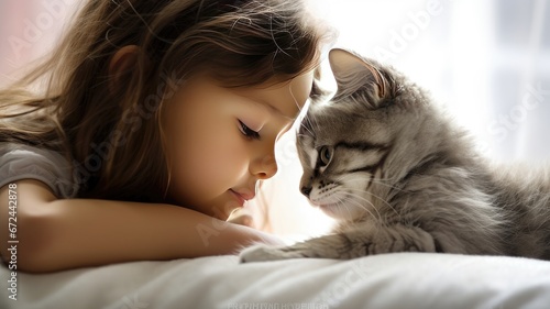 a little girl as she relaxes on a bed with her cherished kitten in a modern minimalist living room, the child as she lovingly kisses the cat, exuding the warmth of their bond.